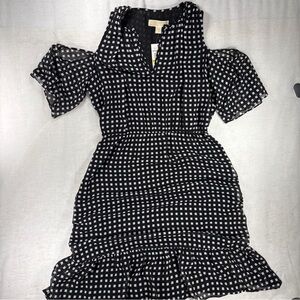 MICHAEL Michael Kors Geometric Ruffle Puff Sleeve Short Dress Black White P/M